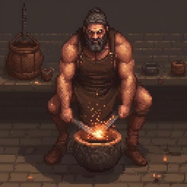 Pixel art depicting a bearded man and his beard in front of a pot