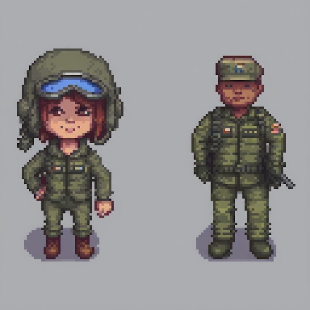 Pixel art depicting a boy and girl in military uniforms showcasing their camaraderie and bravery