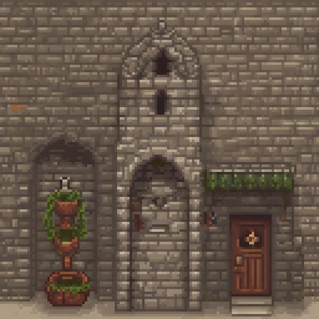 Pixel art depicting a charming stone building with a clock tower and a potted plant