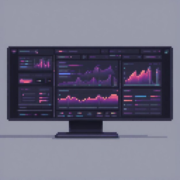 Pixel art depicting a computer monitor displaying dynamic graphs