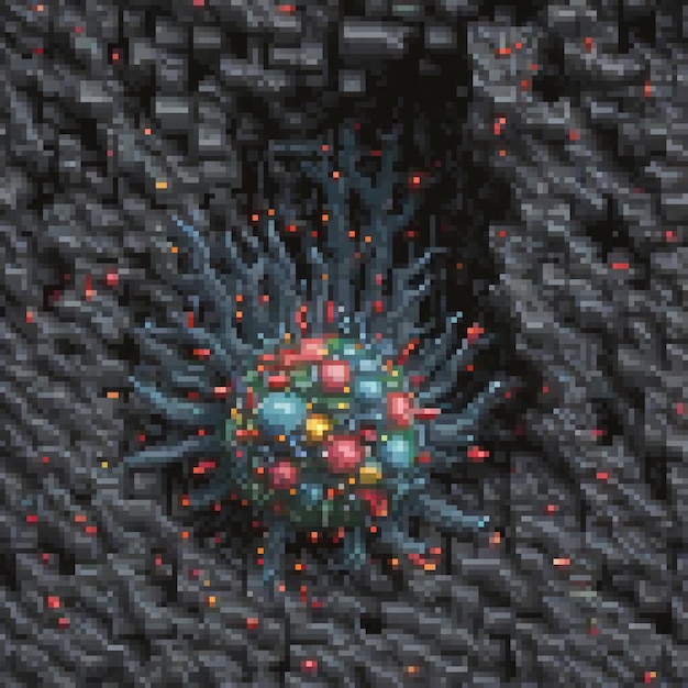 Photo pixel art depicting a computergenerated virus in a shadowy room