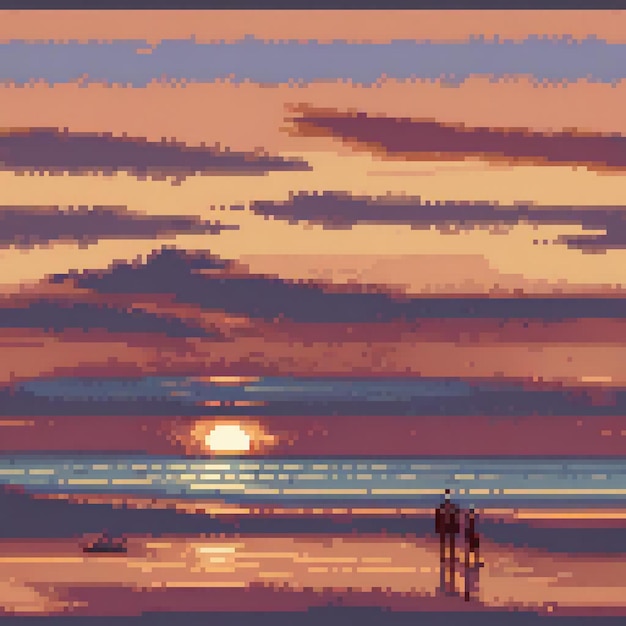 Pixel art depicting a couple enjoying a beach day by the ocean