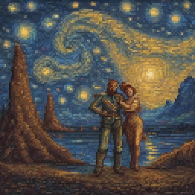 Pixel art depicting a couple in front of a starry night sky