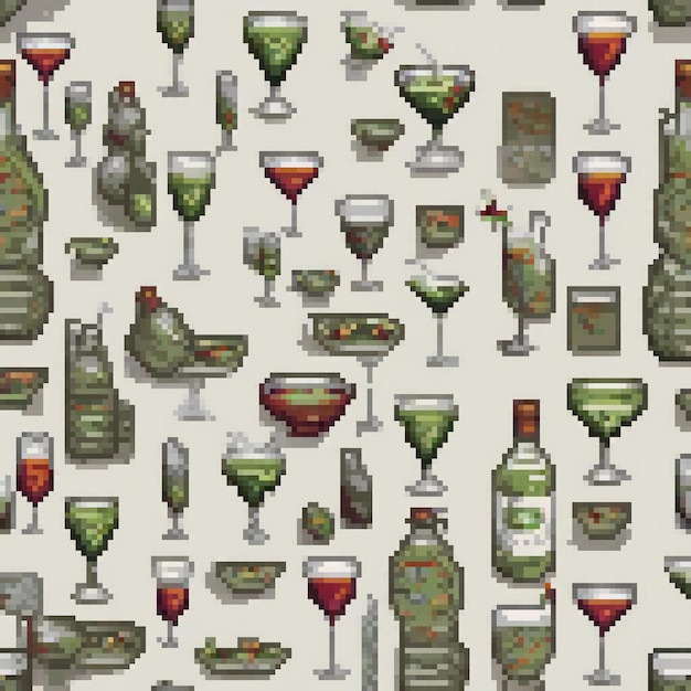 Pixel art depicting a cozy bar scene with beige walls showcasing a variety of alcohol bottles and g