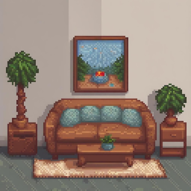 Photo pixel art depicting a cozy living room with a couch coffee table and a wall painting