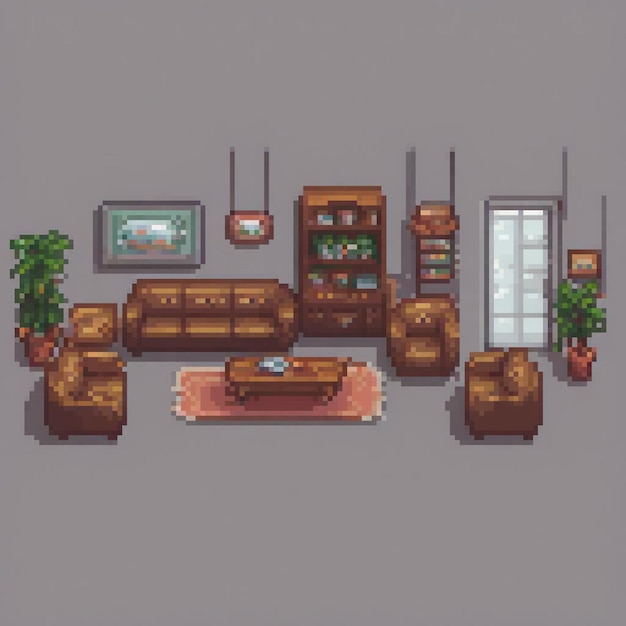 Photo pixel art depicting a cozy living room with stylish furniture and lush greenery