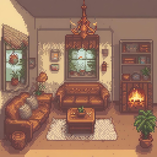 Photo pixel art depicting a cozy living room with stylish furniture and a warm fireplace