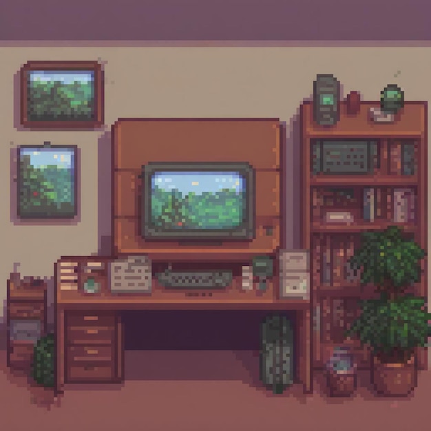 Pixel art depicting a cozy room with a desk bookshelf and a TV