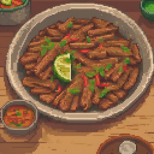 Photo pixel art depicting a delicious meal with succulent meat and fresh veggies on a dining table