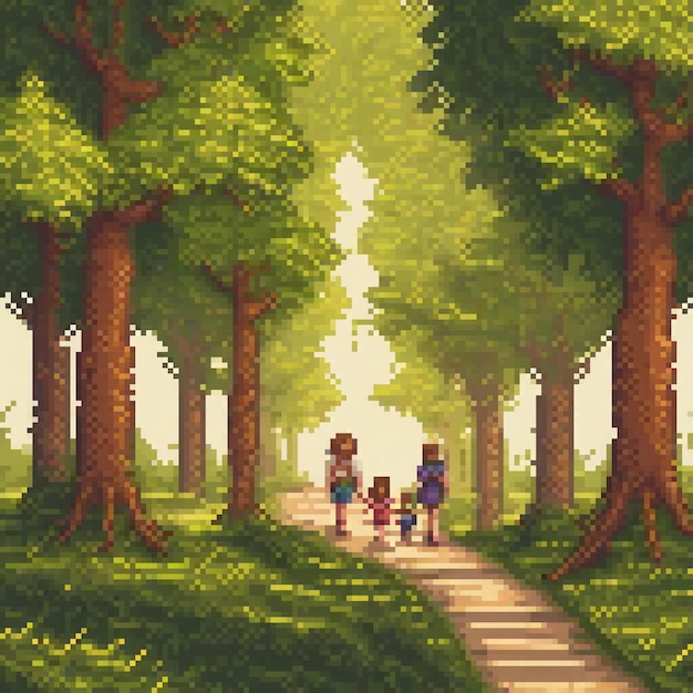 Pixel art depicting a familys joyful walk through a lush woodland path