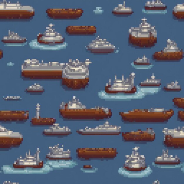 Photo pixel art depicting a fleet of ships sailing on a serene water body