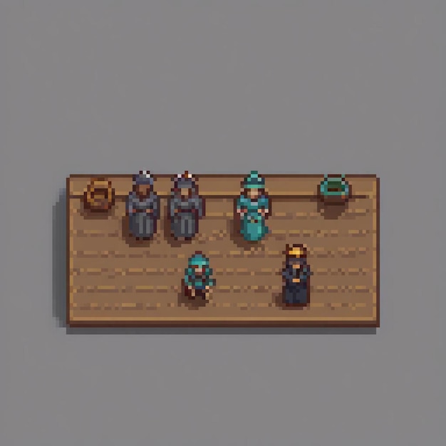 Pixel art depicting a group of individuals on a wooden platform