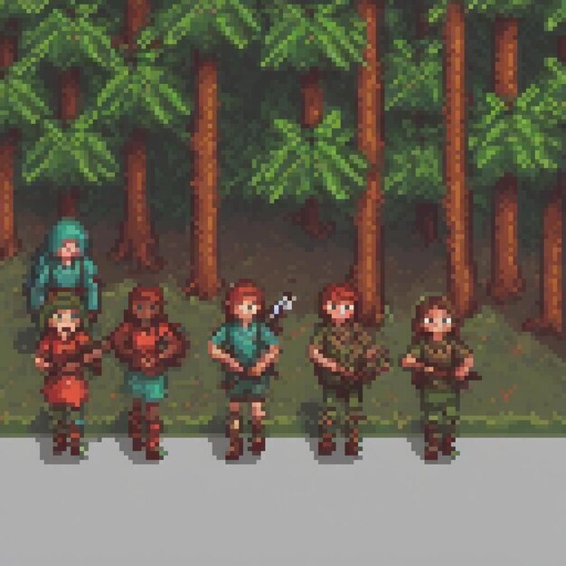 Pixel art depicting a groups forest adventure