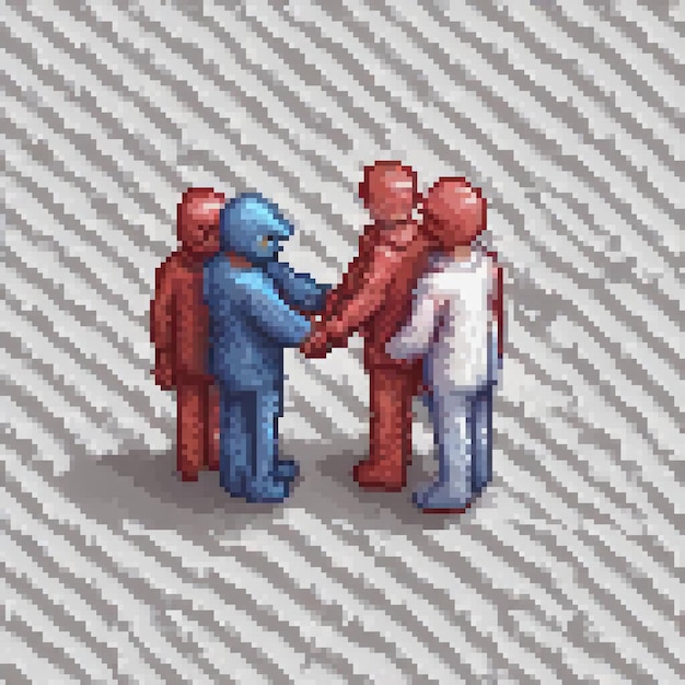 Photo pixel art depicting a handshake scene with a striped backdrop