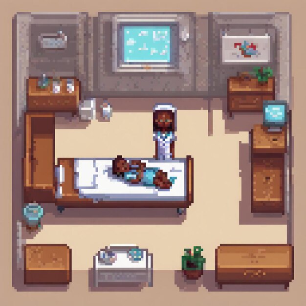 Pixel art depicting a hospital scene with a nurse and patient