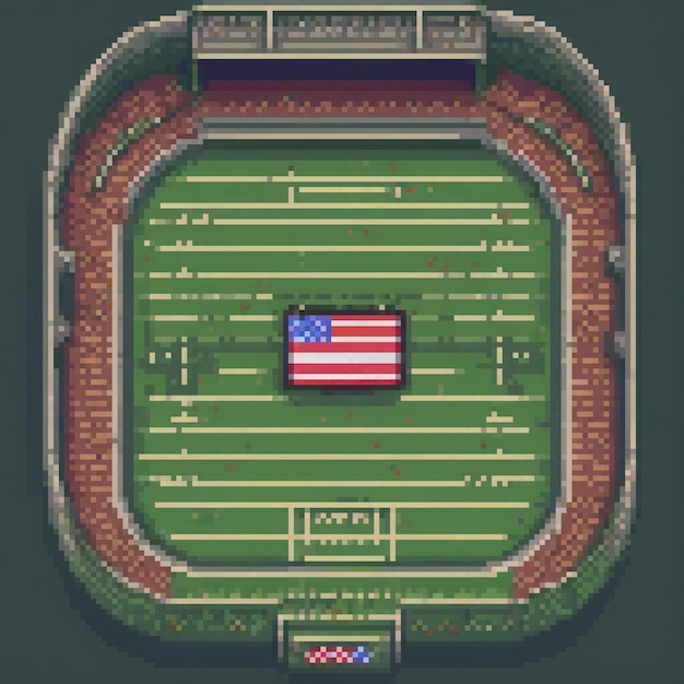 Photo pixel art depicting an iconic american football stadium adorned with a vibrant flag