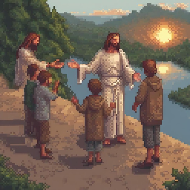 Photo pixel art depicting jesus and his children in the gethsemane garden