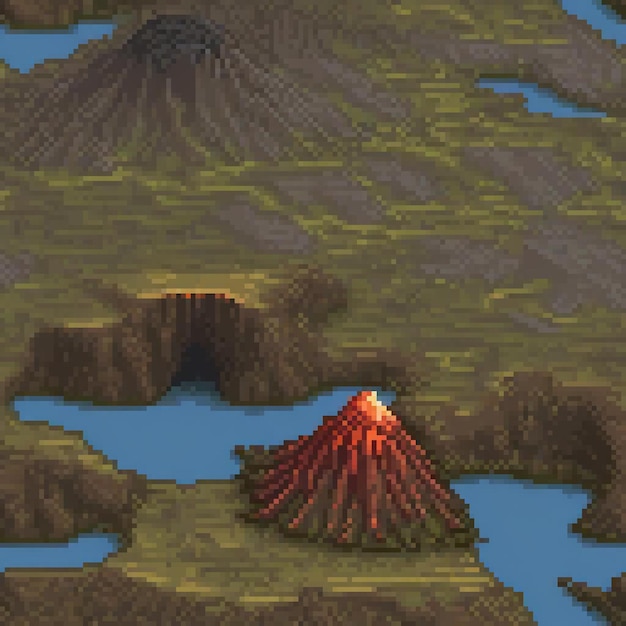 Photo pixel art depicting a majestic volcano amidst a serene field