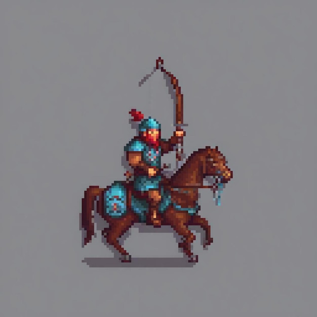 Pixel art depicting a man archeryriding on a horse