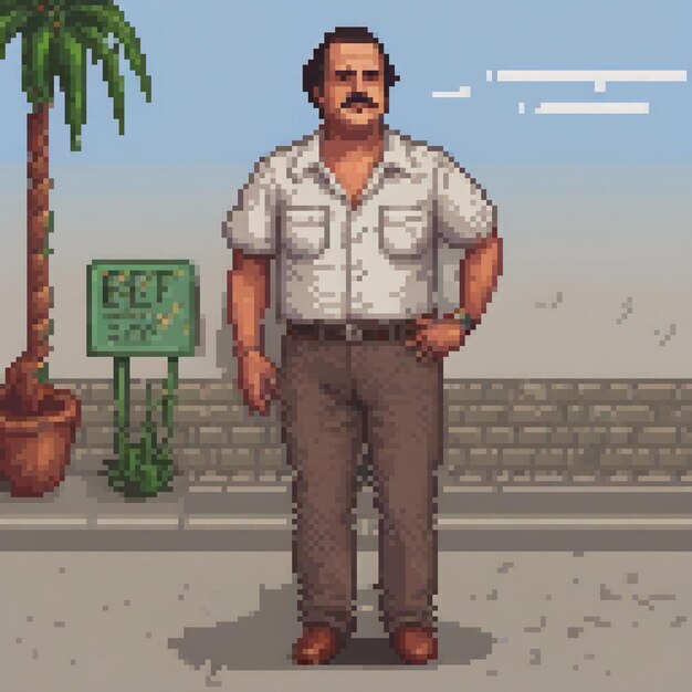 Pixel art depicting a man by a palm tree perfect for retrothemed collections