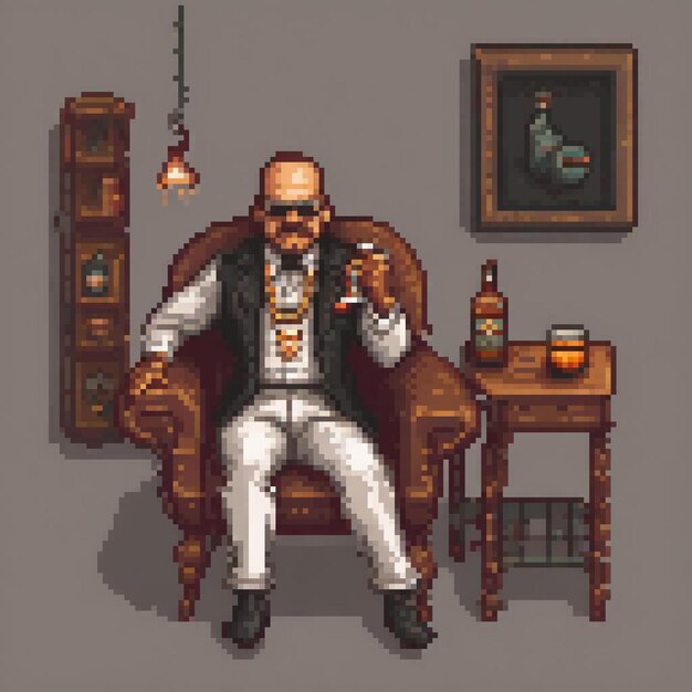 Pixel art depicting a man enjoying a glass of wine in a cozy setting