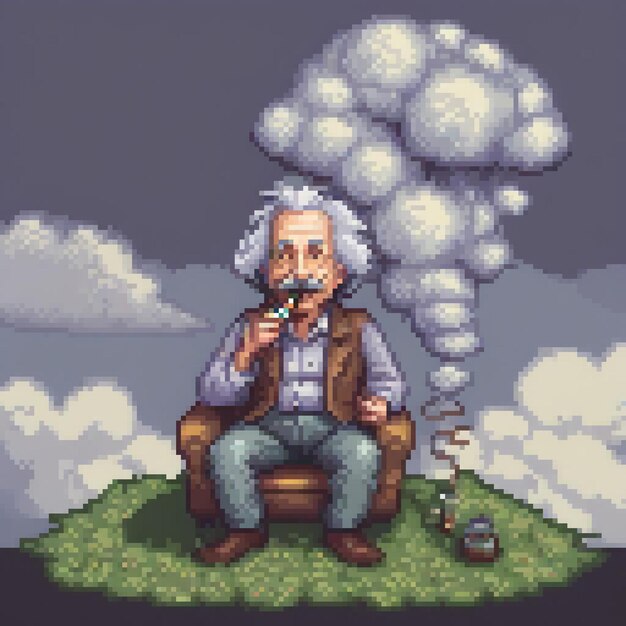 Pixel art depicting a man enjoying a pipe in a classic chair setting