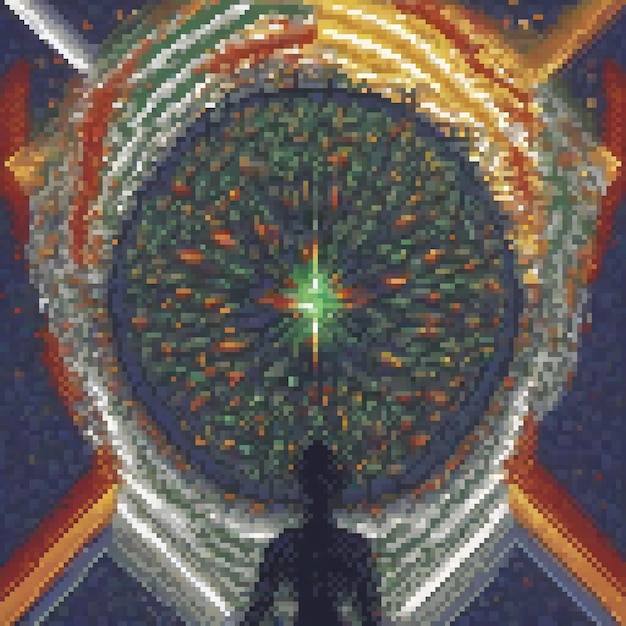 Photo pixel art depicting a man facing a massive circular structure