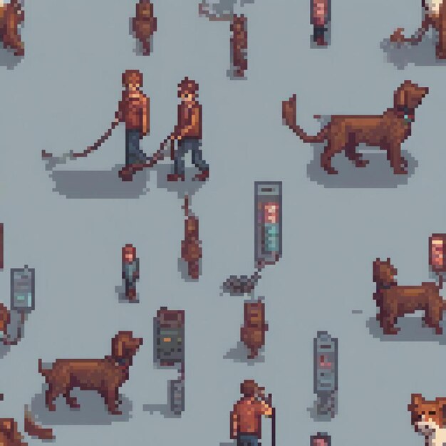 Pixel art depicting a man and his dog on a leash