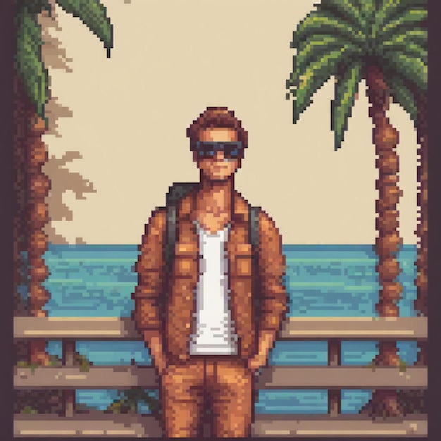 Pixel art depicting a man on a sandy beach with palm trees