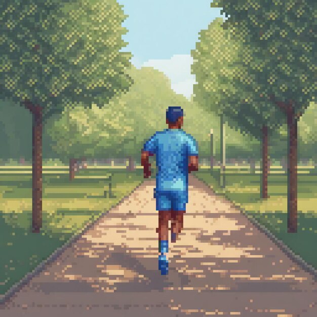 Pixel art depicting a man sprinting through a park pathway