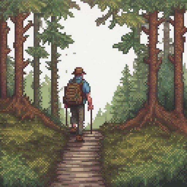 Photo pixel art depicting a man strolling through a forest path