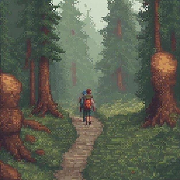 Pixel art depicting a man strolling through a forest path