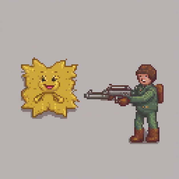 Photo pixel art depicting a man with a gun amidst a sunny backdrop