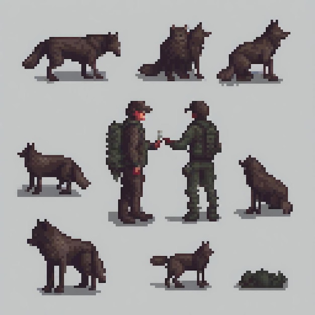 Photo pixel art depicting a man and a wolf in a classic scene