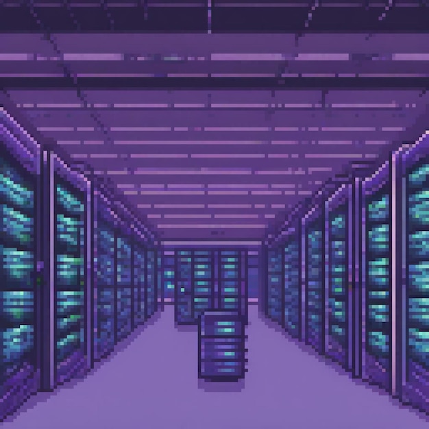 Photo pixel art depicting a modern server room with neatly arranged servers