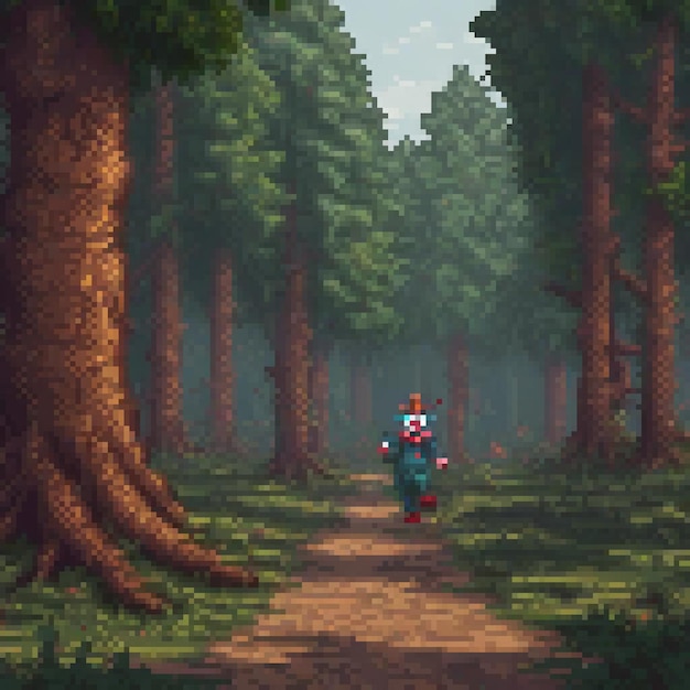 Pixel art depicting a person strolling through a lush forest