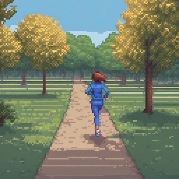 Pixel art depicting a person strolling through a serene park path