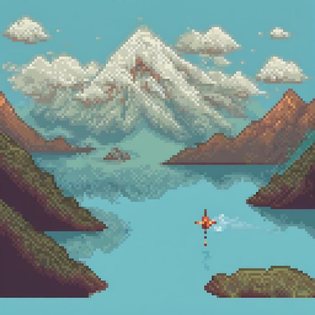 Photo pixel art depicting a plane soaring above a serene lake