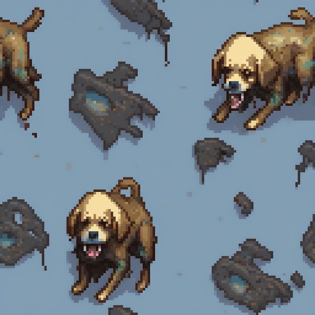 Pixel art depicting a playful dog sprinting across a rocky terrain