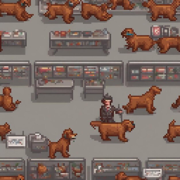 Pixel art depicting a quaint dog shop with a man and his furry companions