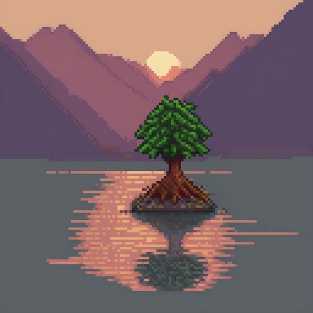 Photo pixel art depicting a serene island surrounded by mountains and a tranquil lake