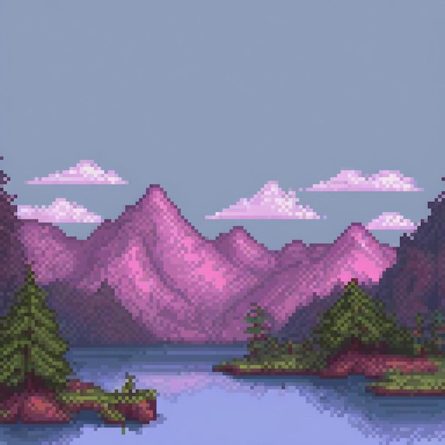 Photo pixel art depicting a serene lake surrounded by majestic mountains