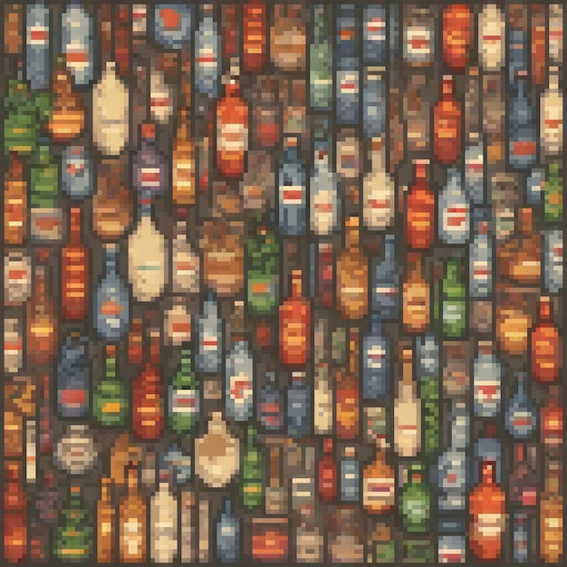 Photo pixel art depicting a stylish pattern of alcohol bottles on a sleek black backdrop