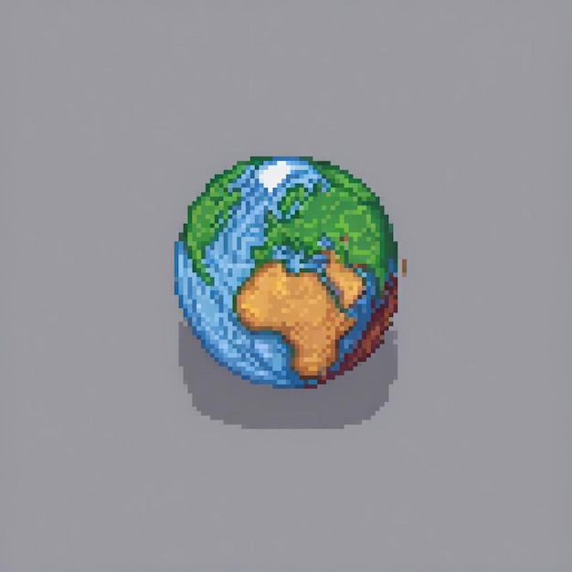 Pixel art depicting a stylized Earth on a muted backdrop