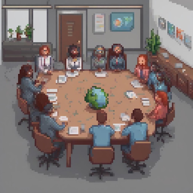 Photo pixel art depicting a team meeting at a modern conference table