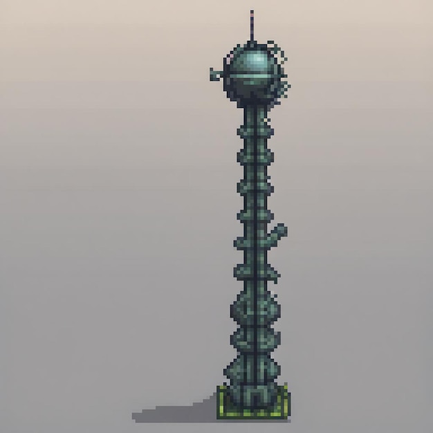 Photo pixel art depicting a towering structure with a clock at its pinnacle