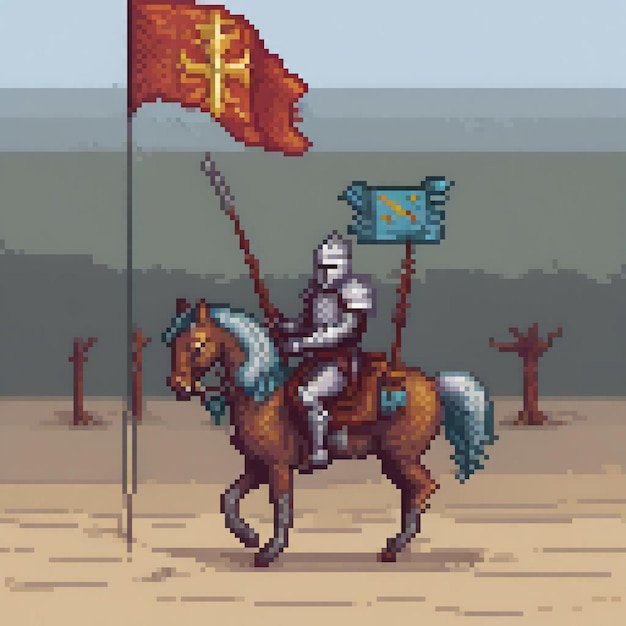 Photo pixel art depicting a valiant knight riding a majestic steed brandishing a flag