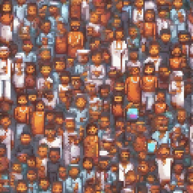 Pixel art depicting a vibrant crowd against a serene blue backdrop