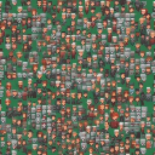 Pixel art depicting a vibrant crowd on a lush green backdrop