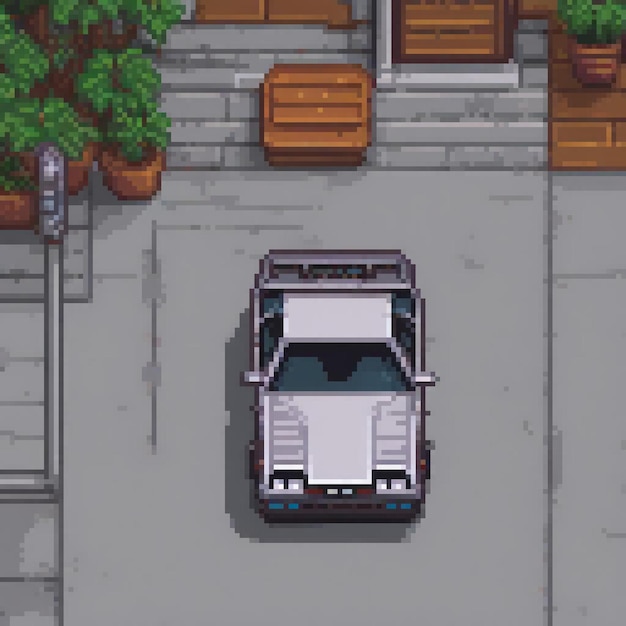 Pixel art depicting a vintage car cruising down a quaint street beside a charming building